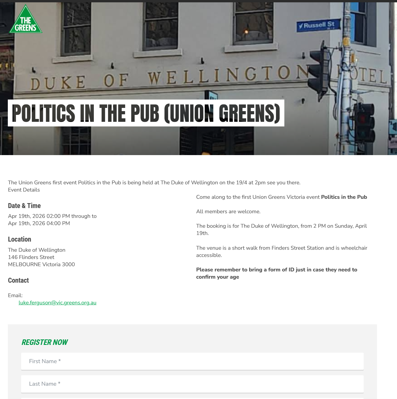 Published Greens event page